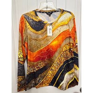 Shall We Long Sleeve Top Abstract Print Earthy Tones‎ Womens Medium